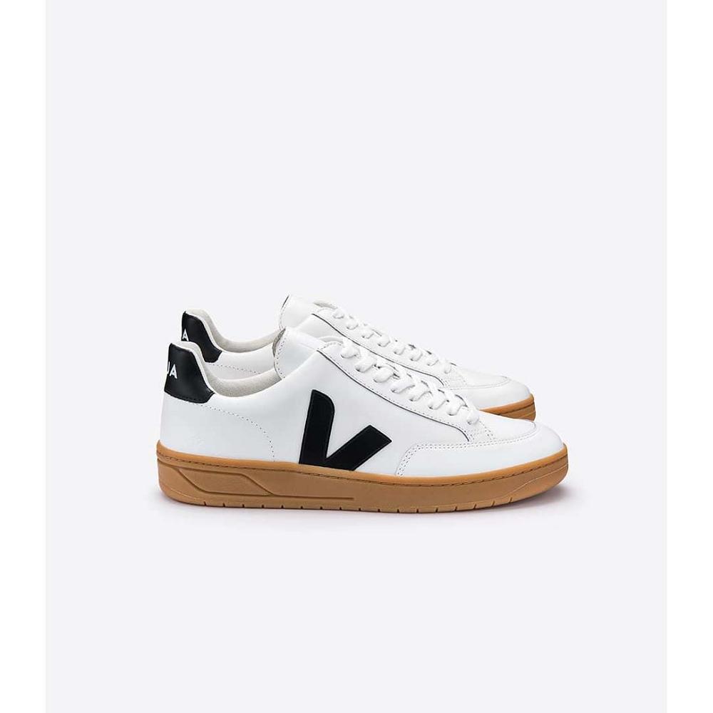 Veja V-12 LEATHER Women\'s Sneakers White/Black/Beige | NZ 670LIS